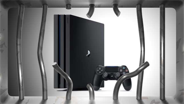 A PlayStation 4 Pro console and its DualShock 4 controller are visible through bent, broken jail bars.
