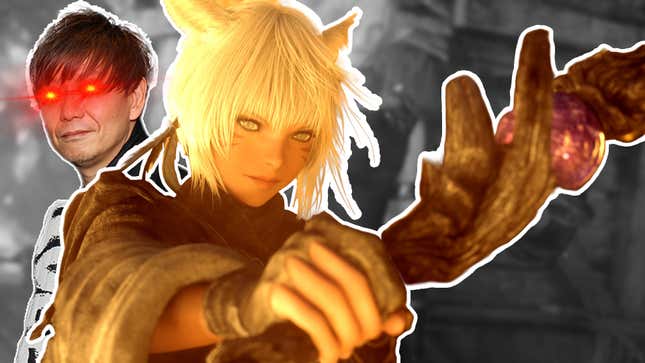 An image of Naoki Yoshida with glowing red eyes looking over an Final Fantasy XIV character's shoulder.