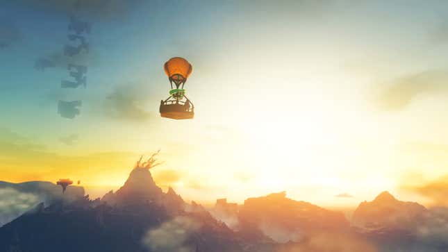 A hot air balloon soars over Hyrule.