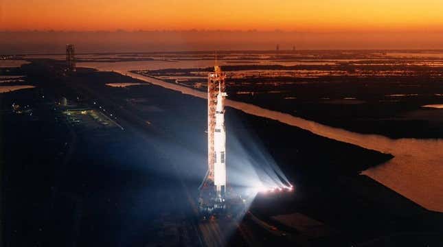 The Apollo 13 Saturn rocket being rolled out to the launch pad in 1970.