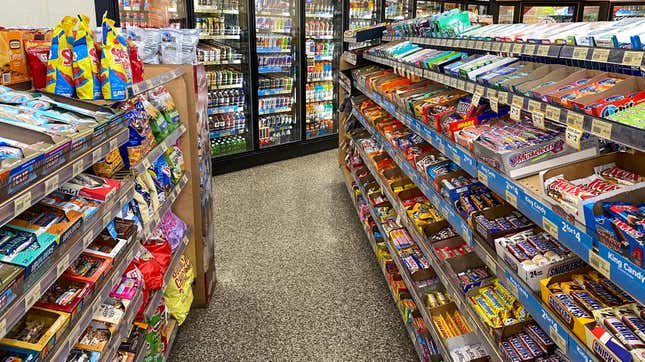 A view of a gas station's snack aisle