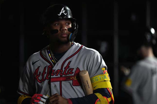 Aug 25, 2023; San Francisco, California, USA; Atlanta Braves right fielder Ronald Acuna Jr. (13) stands in the dugout during the fifth inning against the San Francisco Giants at Oracle Park.