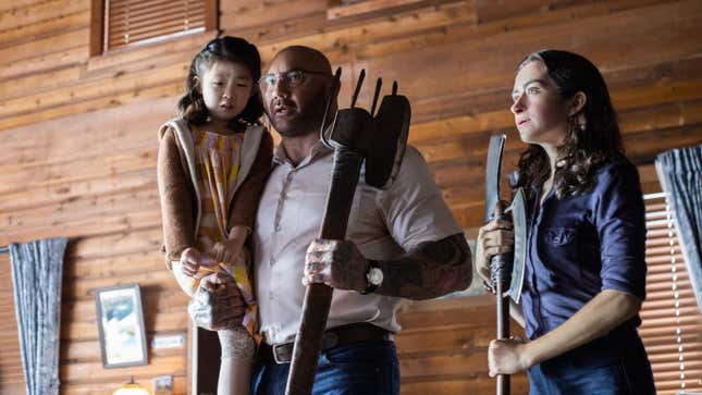 Kristen Cui, Dave Bautista, and Abby Quinn in Knock At The Cabin