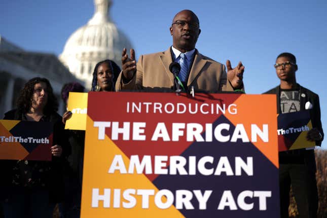 U.S. Rep. Jamaal Bowman (D-NY) (C) speaks during a news conference in front of the U.S. Capitol on December 14, 2021, in Washington, DC. Rep. Bowman held a news conference to discuss the “African American History Act.