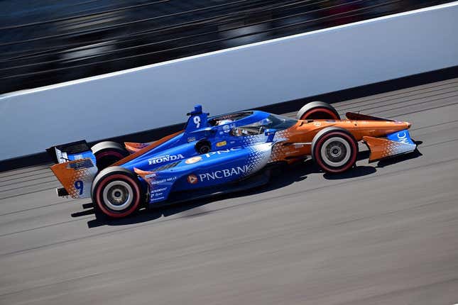 Aug 12, 2023; Speedway, Indiana, USA; Chip Ganassi Racing driver Scott Dixon (9) of New Zealand heads down the straight away during the Gallagher Grand Prix at the Indianapolis Motor Speedway Road Course.