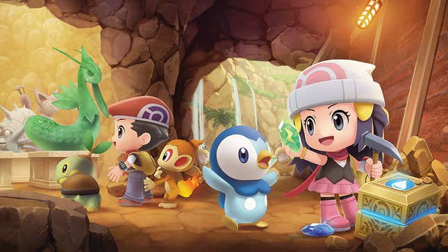 A very happy Piplup waves with excitement alongside some trainers and other monsters.