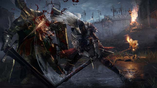 Knight in Elden Ring putting a bloodied sword through an enemy, causing blood to splatter from the enemy's arm.