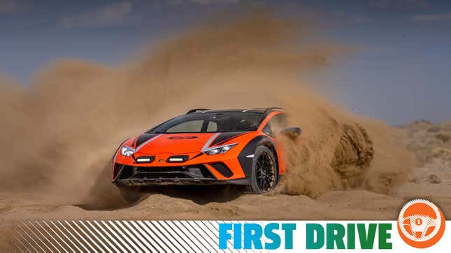 An orange 2024 Lamborghini Sterrato kicks up a hige cloud of dirt and dust in the desert.