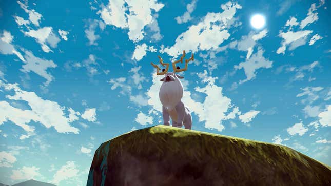 A screenshot from Pokémon Legends: Arceus depicting a Wyrdeer with two golden horns standing atop a big cliff. 