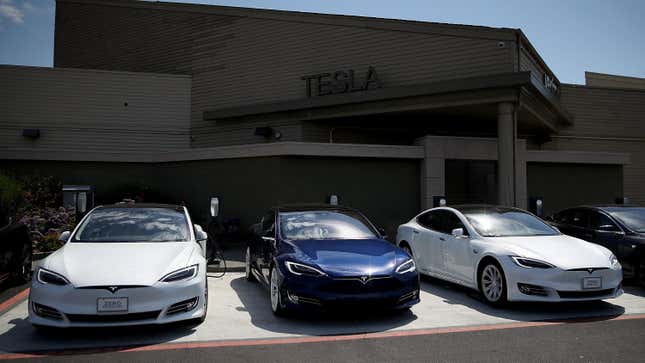  Brand new Tesla Model S cars sit on front of a Tesla showroom on August 2, 2017 in Corte Madera, California. 
