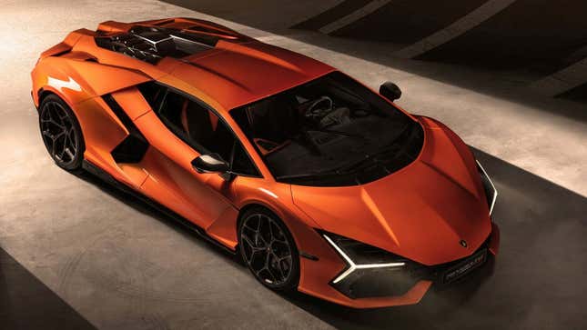 A photo of an orange Lamborghini Revuelto supercar. 