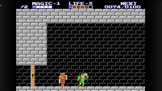 Link is seen facing a soldier in a dungeon.