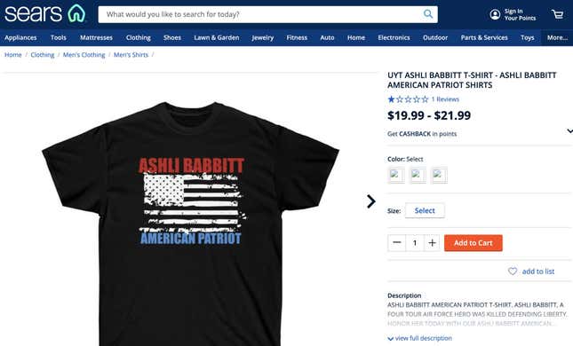 Image for article titled The Big Lie at the Big Box Store: Sears, Kmart Sold Shirts Proclaiming Insurrectionist Ashli Babbitt an &#39;American Patriot&#39;