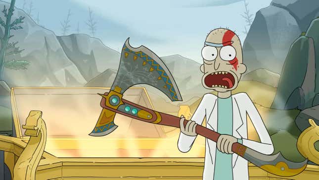 The old one from Rick and Morty, holding an axe from God Of War Ragnarok.