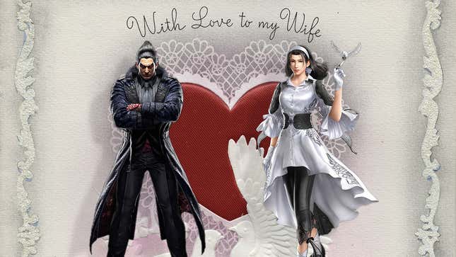 A modified image of Tekken 8's Kazuya Mishima and Jun Kazama standing in front of a Valentine's Day card. 