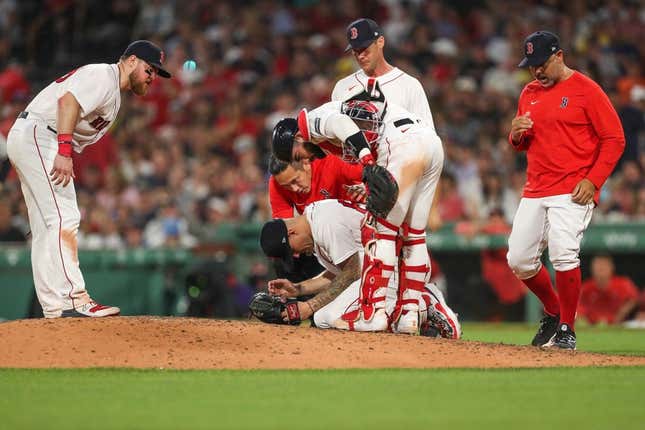 Jun 16, 2023; Boston, Massachusetts, USA; Boston Red Sox starting pitcher Tanner Houck (89) reacts after getting hit in the face with a line drive during the fifth inning against the New York Yankees at Fenway Park.