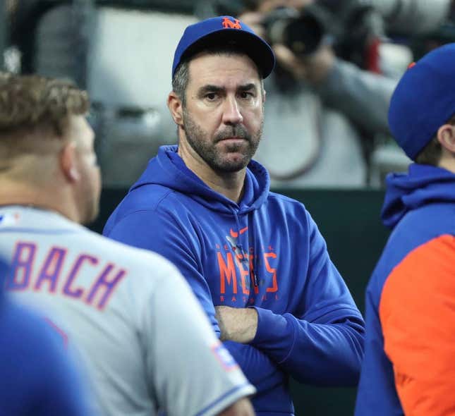 Mets pitcher Justin Verlander looks on in the dugout during the Tigers&#39; 8-1 win over the Mets in Game 2 of the doubleheader on Wednesday, May 3, 2023, at Comerica Park.

Tigersmets2 050323 Kd2303