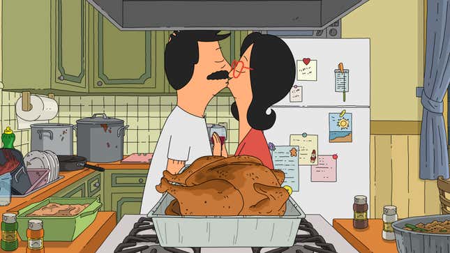 Bob and Linda Belcher kiss in their kitchen, alongside a Thanksgiving turkey, in "Putts-giving."