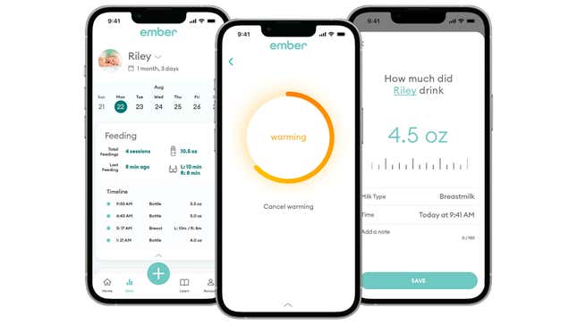 Screenshots of the Ember Baby Bottle System app running on three iPhones.