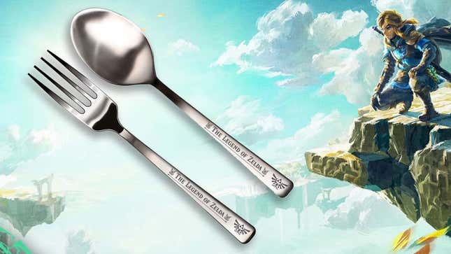 Link, while crouched on a large cliff, looks at a really nice spoon and fork. 