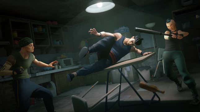 A screenshot from Sifu depicting the protagonist jumping over a table to kick two people in a small, dark room.