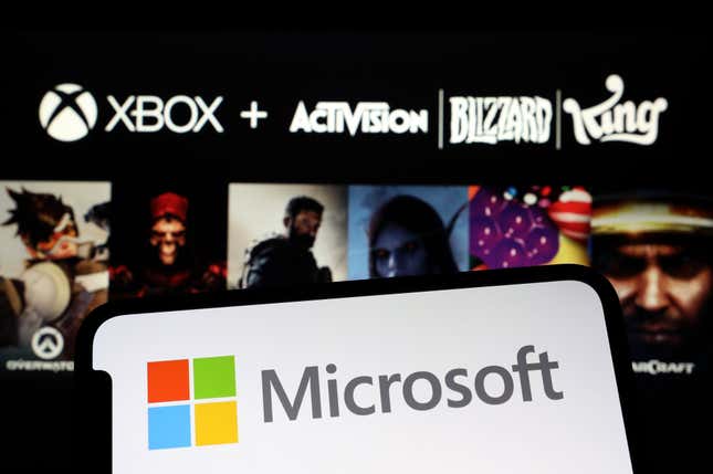 A Microsoft logo is displayed in front of the Xbox, Activision, Blizzard, and King brands. 