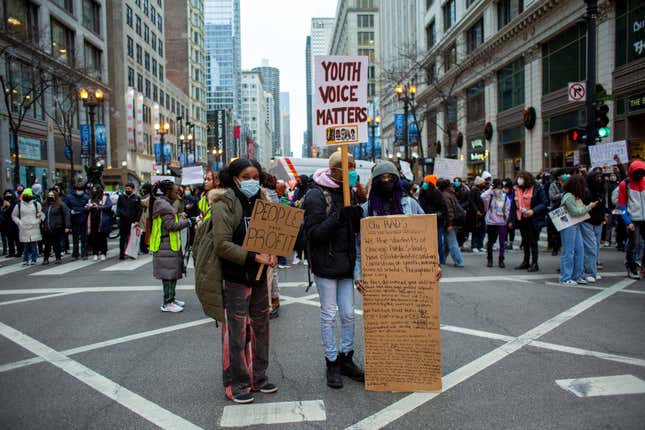 Students gather outside of CPS headquarters to stage one of several mass “Walkout for COVID Safety” at high schools due to the Omicron spread in Chicago, Illinois, U.S. January 14, 2022