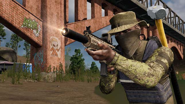 A screenshot shows a man firing a rifle near a bridge. 