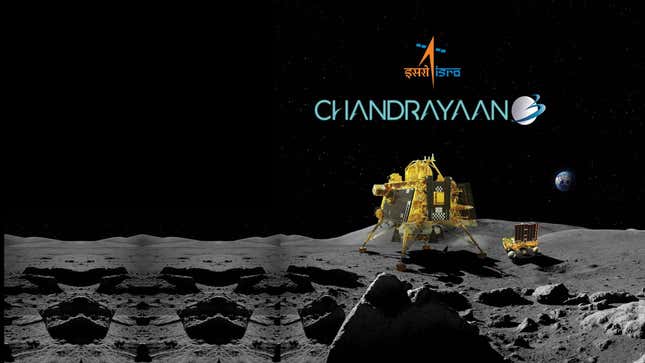 Imagen conceptual del módulo de aterrizaje Vikram y el pequeño rover Pragyan de la misión Chandrayaan-3 de ISRO en la superficie de la Luna