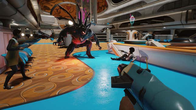 A Brute charges a prone player while two other characters point their weapon at it in a retrofuturist room.