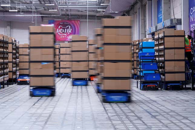 Automated robots moves product in a Cainiao warehouse in China.