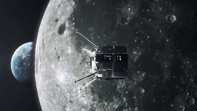A digital rendering of what the HAKUTO-R lunar lander orbiting the dark side of the moon