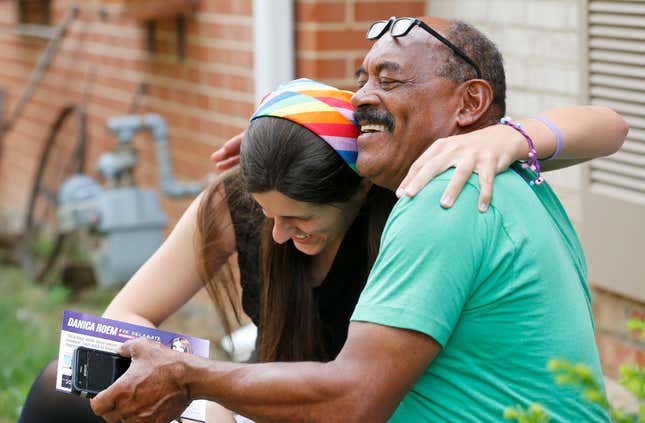 Danica Roem is seen with a constituent on the campaign trail before her historic win.
