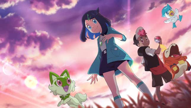 Protagonistes De Pokemon Horizon Avec Les Trois Starters De Paldea.