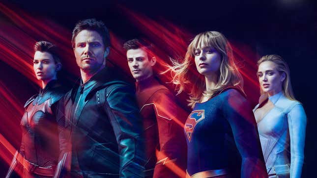 The CW's heroes stand together in a photoshopped poster: Batwoman, Green Arrow, The Flash, Supergirl, and the White Canary.