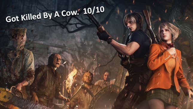 RE4 promo art shows Leon and Ashley surrounded by angry villagers with a Steam quote floating near them. 