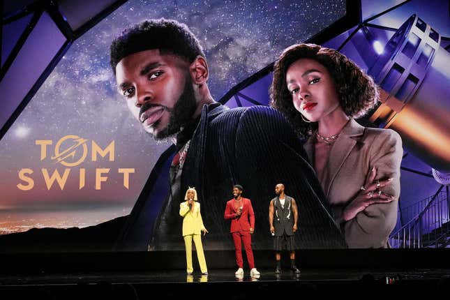 NEW YORK, NEW YORK - MAY 19: (L-R) Ashleigh Murray, Tian Richards, and Marquise Vilsón of “Tom Swift” speak onstage during The CW Network’s 2022 Upfront Presentation at New York City Center on May 19, 2022 in New York City. (Photo by Kevin Mazur/Getty Images for The CW)
