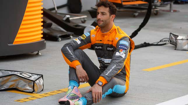 Daniel Ricciardo poses in the pitlane ahead of the Formula 1 Miami Grand Prix.