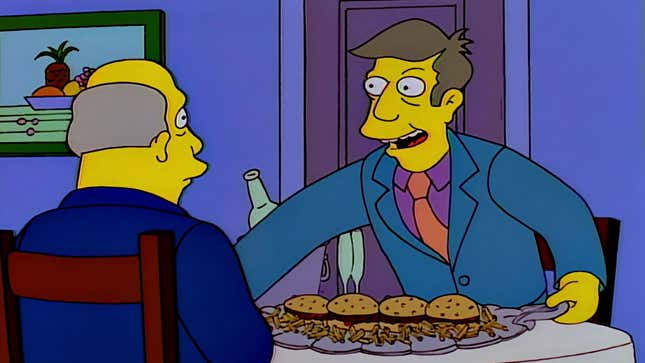 A screenshot of The Simpsons shows Skinner bringing in a platter of hamburgers. 
