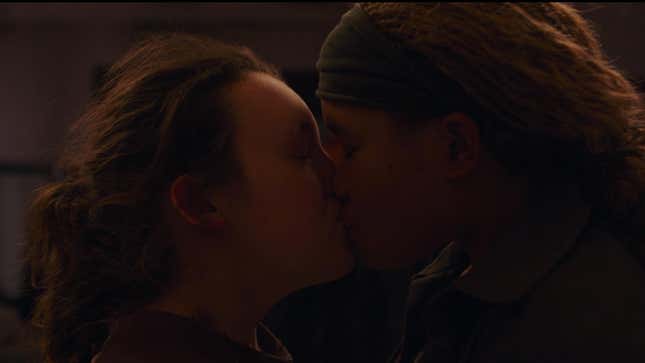 Ellie kisses Riley in HBO's The Last of Us.