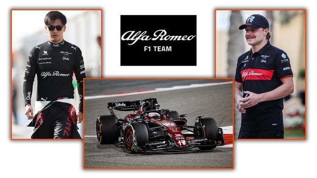 A collage of images of Zhou Guanyu, Valtteri Bottas and the 2023 Alfa Romeo F1 car. 