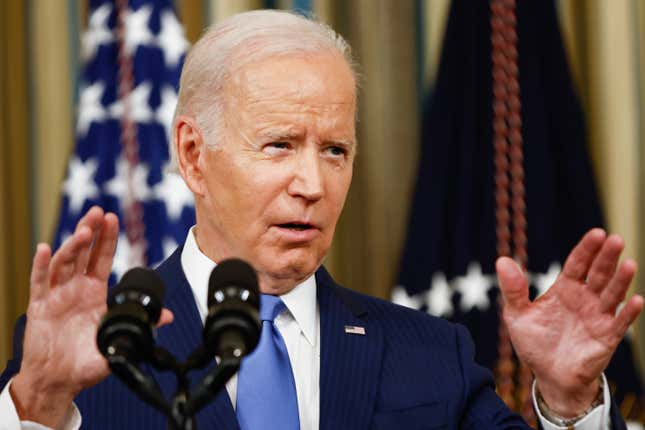 U.S. President Joe Biden takes questions from reporters, after he delivered remarks in the State Dining Room, at the White House on November 09, 2022 in Washington, DC. 
