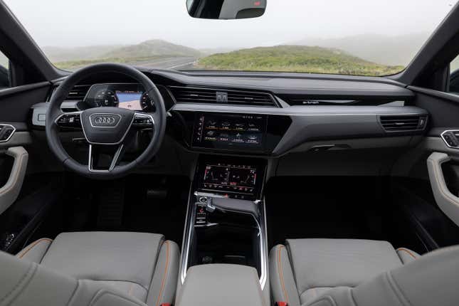 The gray and black interior of the 2024 Audi Q8 E-Tron Launch Edition.