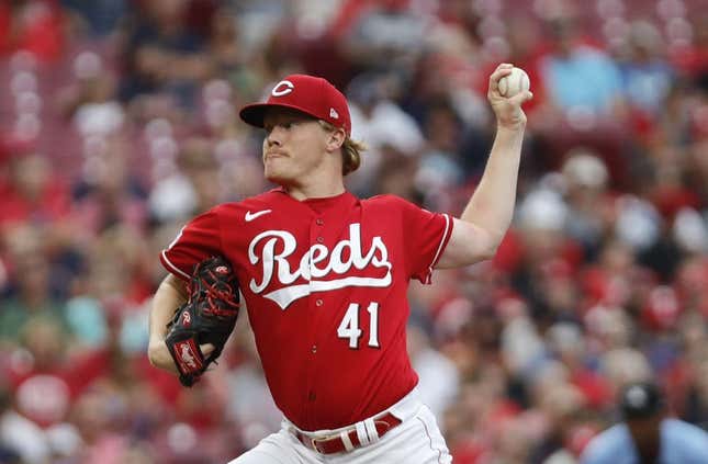 Aug 16, 2023; Cincinnati, Ohio, USA; Cincinnati Reds starting pitcher Andrew Abbott (41) throws against the Cleveland Guardians during the first inning at Great American Ball Park.