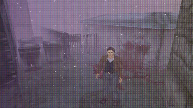 A man stands near some blood in a back alley while surrounded by fog. 