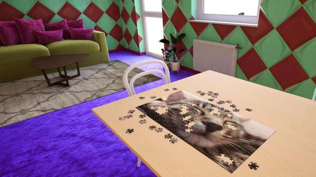 A nearly completed jigsaw puzzle is displayed on a wooden table in a room with a purple carpet, a couch, and sunlight streaming in through the door and window.