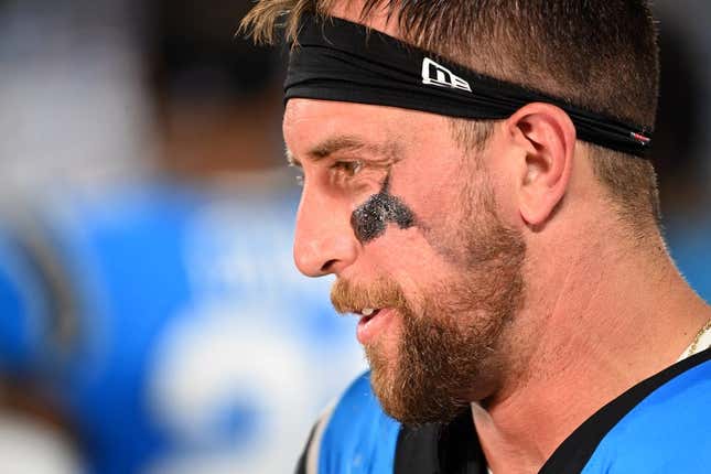 Aug 25, 2023; Charlotte, North Carolina, USA; Carolina Panthers wide receiver Adam Thielen (19) on the sidelines in the second quarter at Bank of America Stadium.