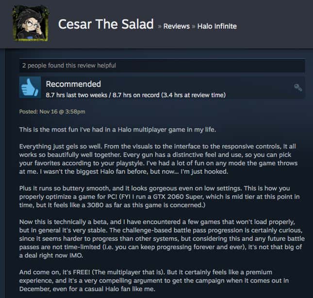 Image for article titled Halo Infinite’s Multiplayer, As Told By Steam Reviews