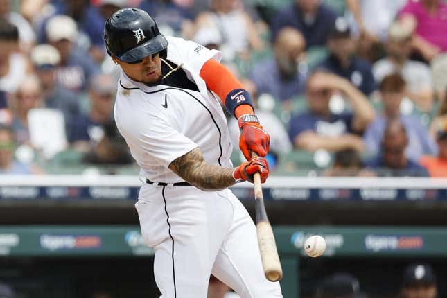 Jul 6, 2023; Detroit, Michigan, USA;  Detroit Tigers shortstop Javier Baez (28) hits a double in the fifth inning against the Oakland Athletics at Comerica Park.