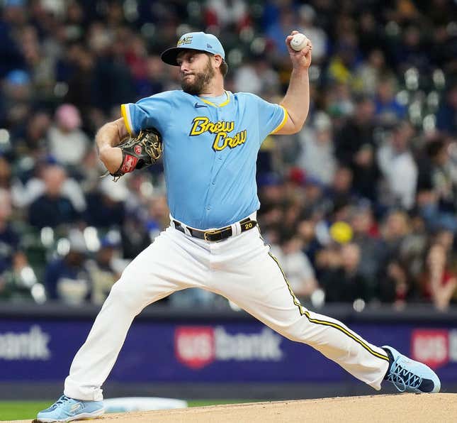 Brewers starting pitcher Wade Miley (20) pitches during the first inning of the game on Friday April 28, 2023 at American Family Field in Milwaukee, Wis.